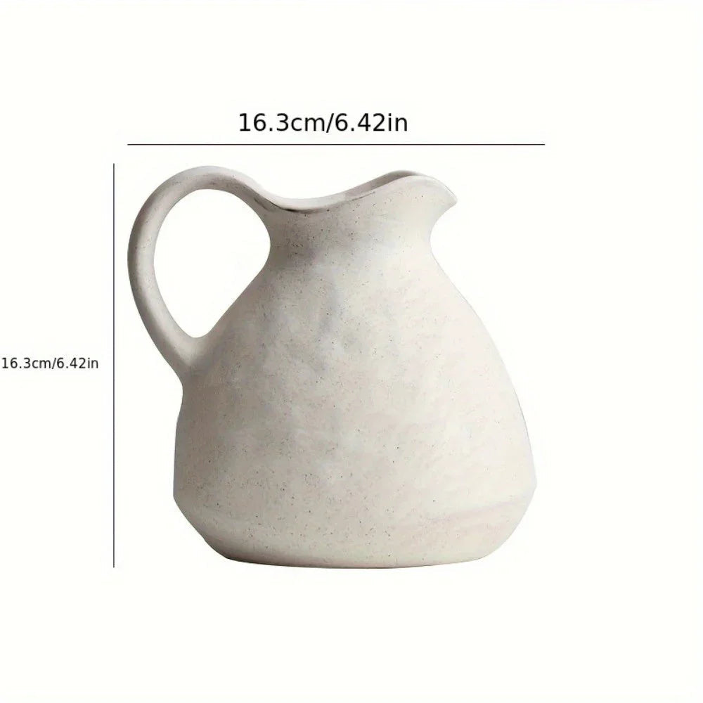 Ceramic Kettle Vase, Rustic White Cylinder Pottery with Handle