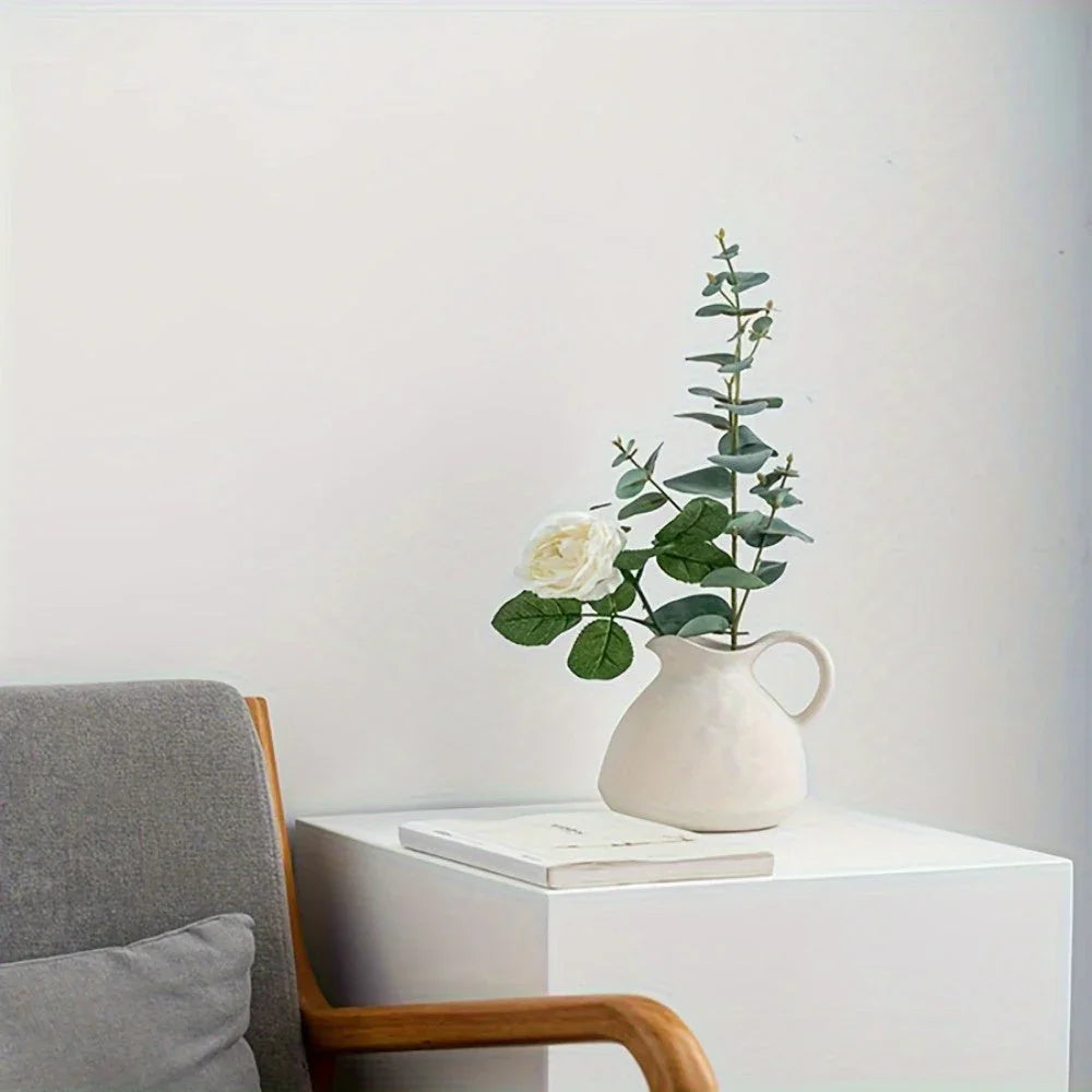 Ceramic Kettle Vase, Rustic White Cylinder Pottery with Handle