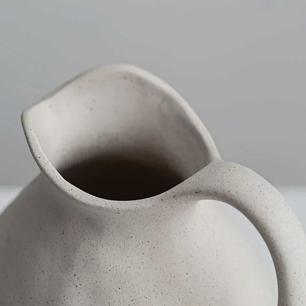 Ceramic Kettle Vase, Rustic White Cylinder Pottery with Handle