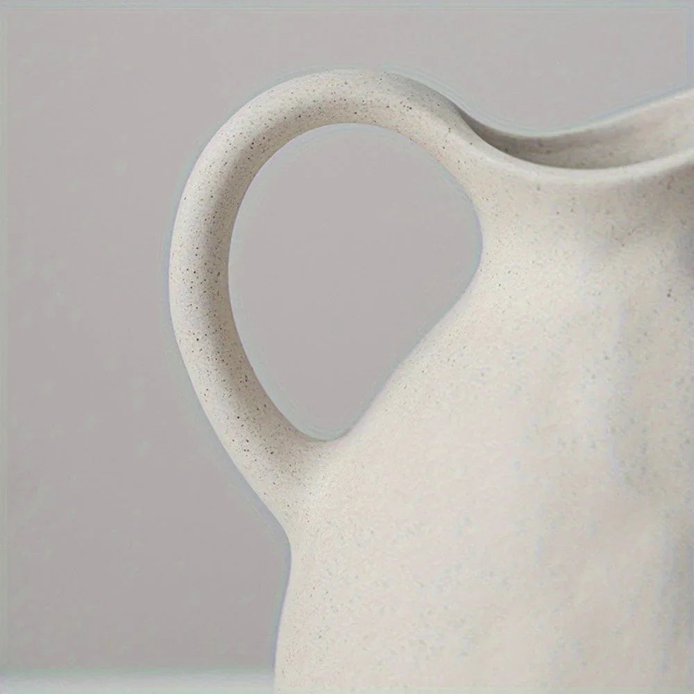 Ceramic Kettle Vase, Rustic White Cylinder Pottery with Handle