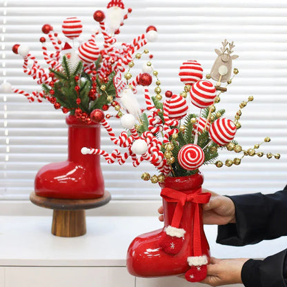 Ceramic Red Vase Planter with Snowflake & Ornament Design