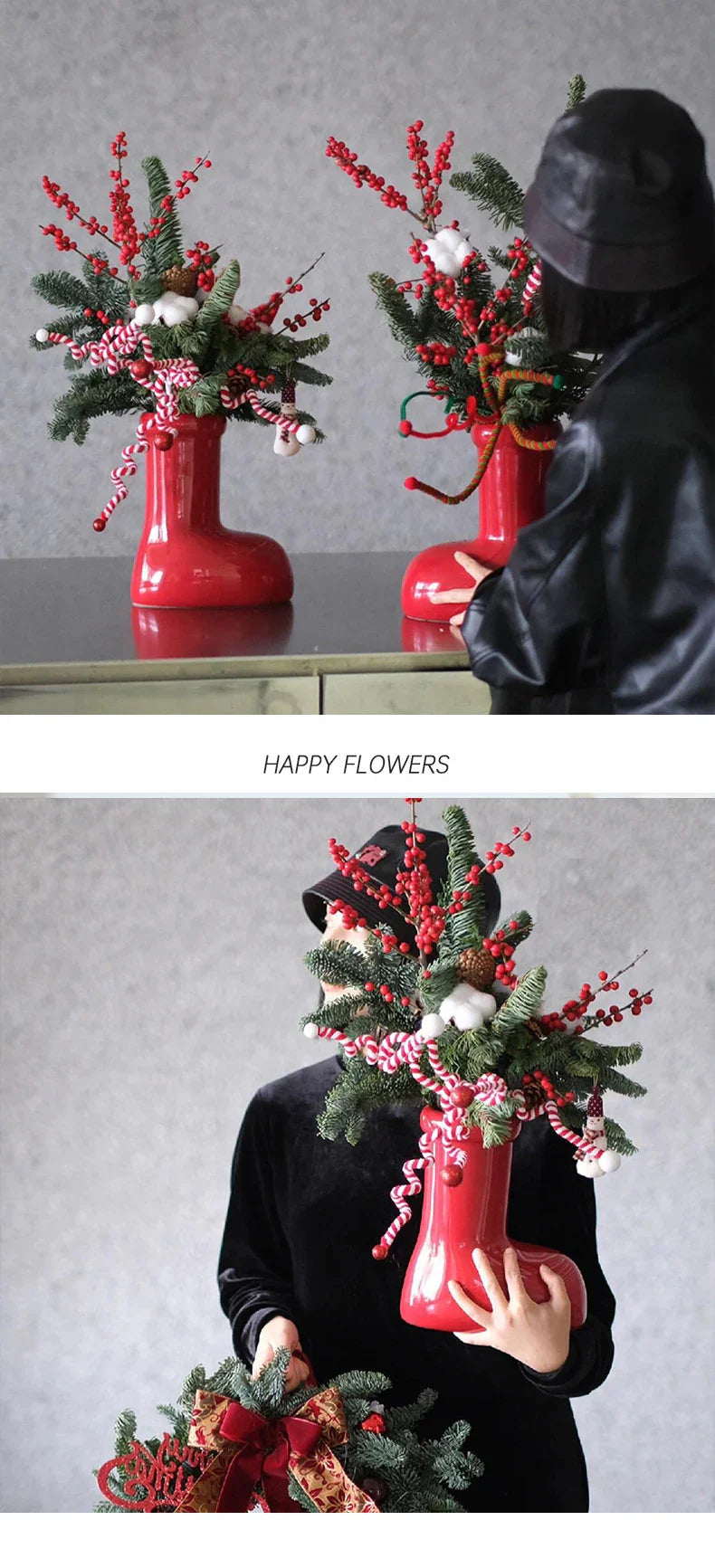 Ceramic Red Vase Planter with Snowflake & Ornament Design