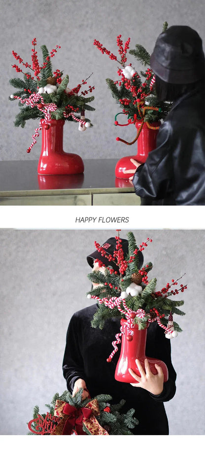 Ceramic Red Vase Planter with Snowflake & Ornament Design