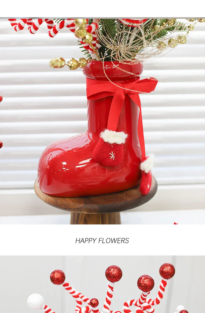 Ceramic Red Vase Planter with Snowflake & Ornament Design