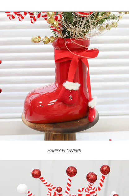 Ceramic Red Vase Planter with Snowflake & Ornament Design