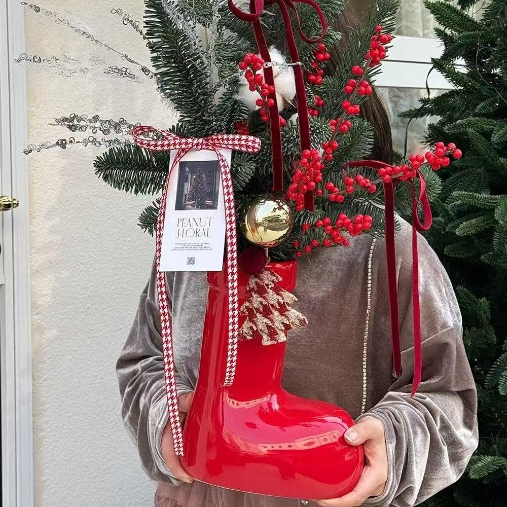Ceramic Red Vase Planter with Snowflake & Ornament Design
