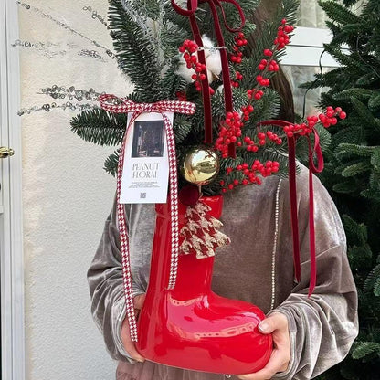 Ceramic Red Vase Planter with Snowflake & Ornament Design