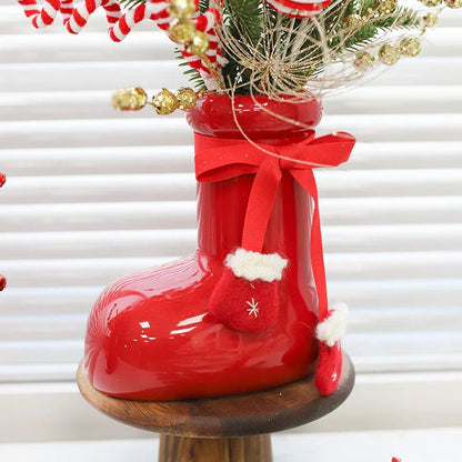 Ceramic Red Vase Planter with Snowflake & Ornament Design