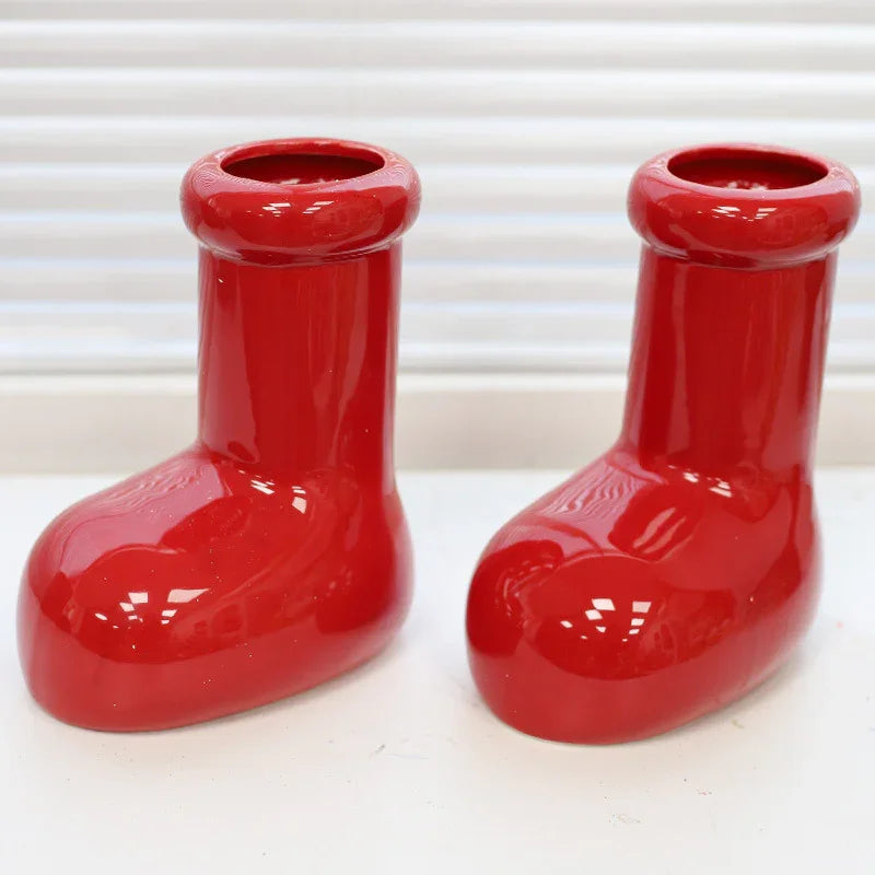 Ceramic Red Vase Planter with Snowflake & Ornament Design