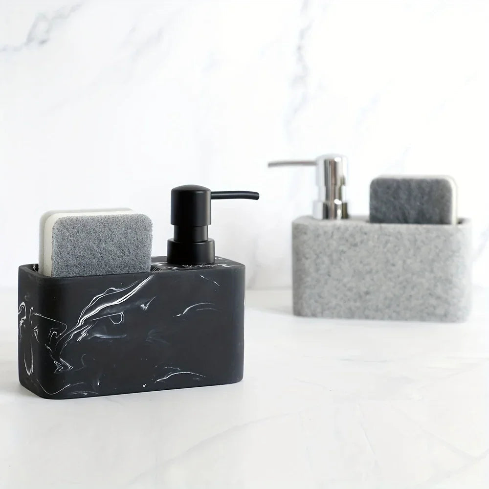 Chic Black & White Marble-Inspired Soap Dispenser with Sponge Holder - Perfect for Bathroom Decor