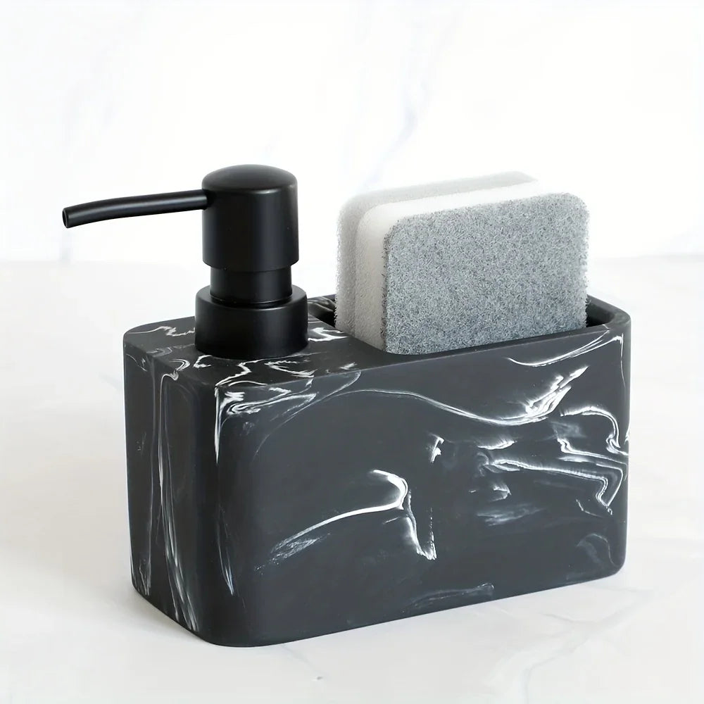 Chic Black & White Marble-Inspired Soap Dispenser with Sponge Holder - Perfect for Bathroom Decor