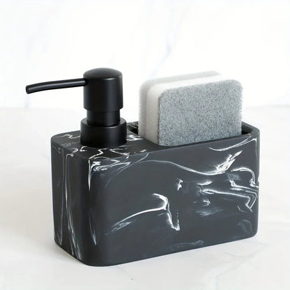 Chic Black & White Marble-Inspired Soap Dispenser with Sponge Holder - Perfect for Bathroom Decor
