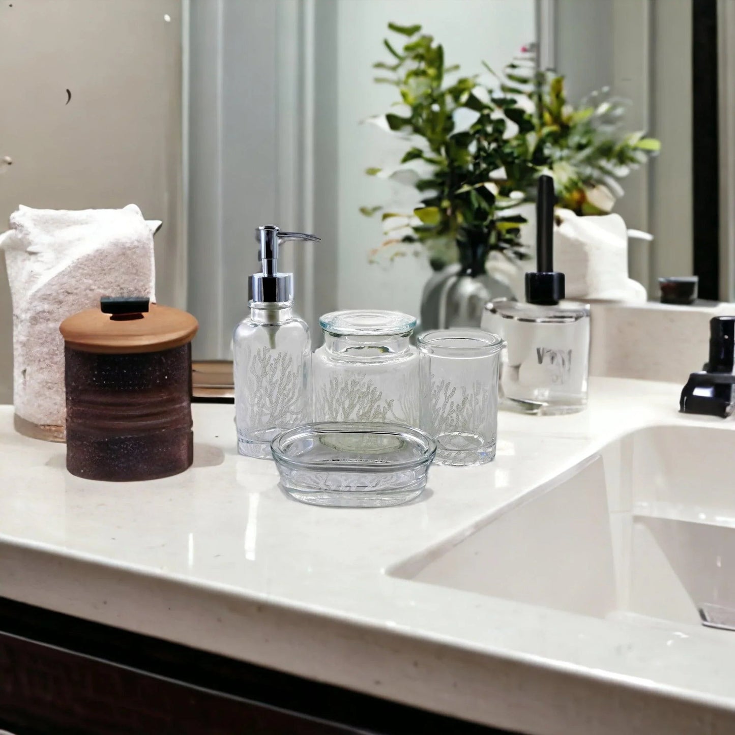 Clear 4-Piece Bathroom Accessory Set | Arctic Collection - PoshaBella