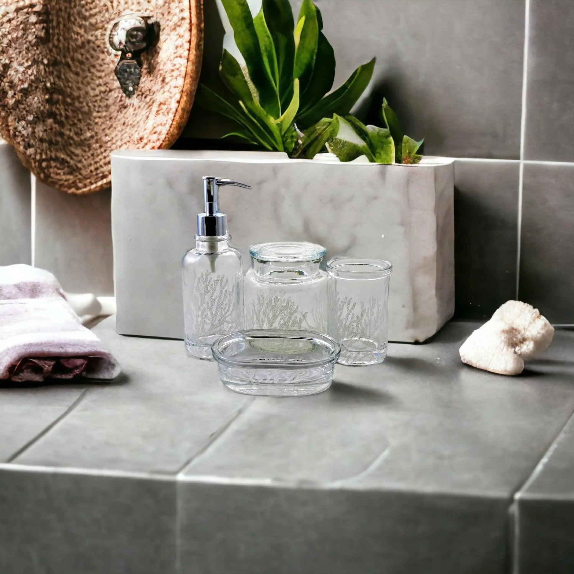 Clear 4-Piece Bathroom Accessory Set | Arctic Collection - PoshaBella