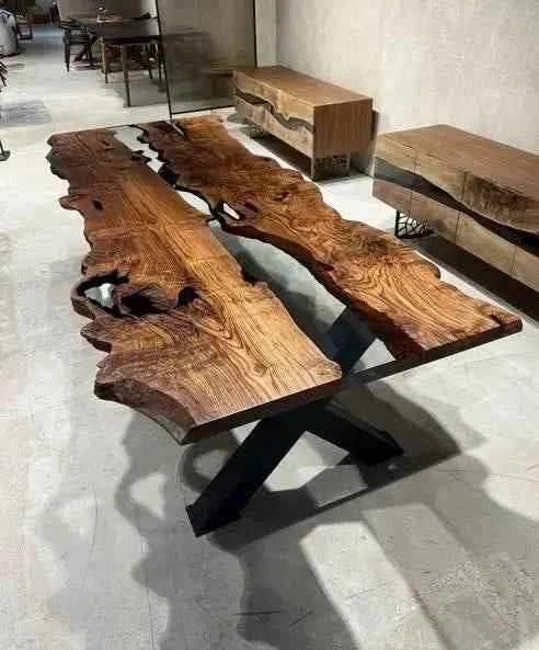 Live Edge, Epoxy Resin River Dining Room Table Made Of Chestnut Wood