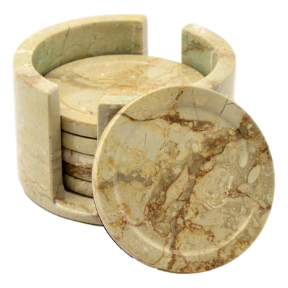 Coaster Set with Holder Crafted from Sahara Beige Marble - PoshaBella