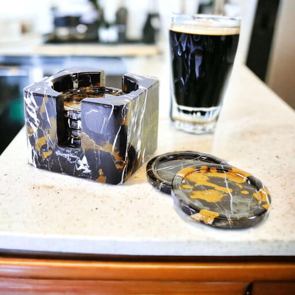 Coaster Set with Storage Holder - Michelangelo Marble - PoshaBella
