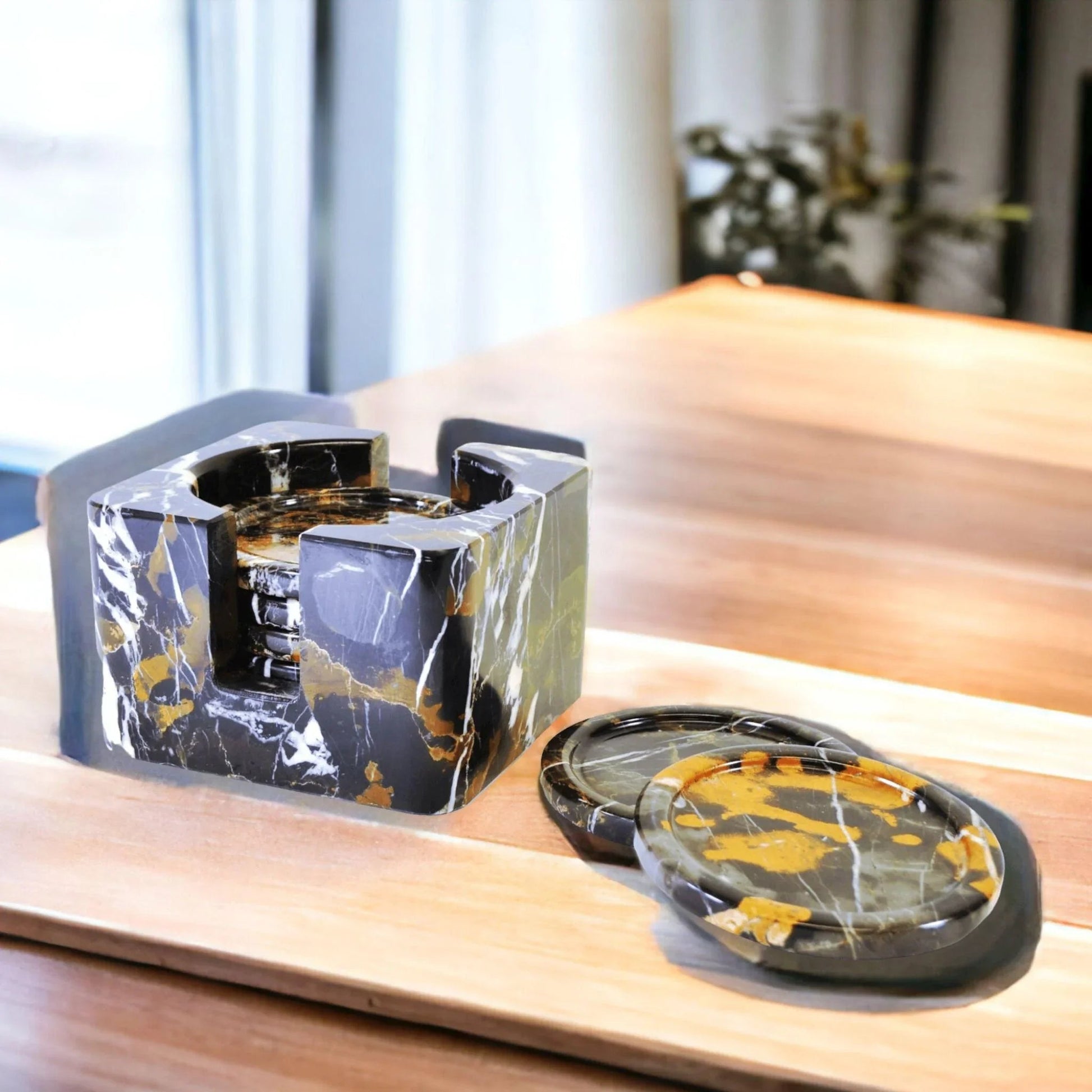 Coaster Set with Storage Holder - Michelangelo Marble - PoshaBella