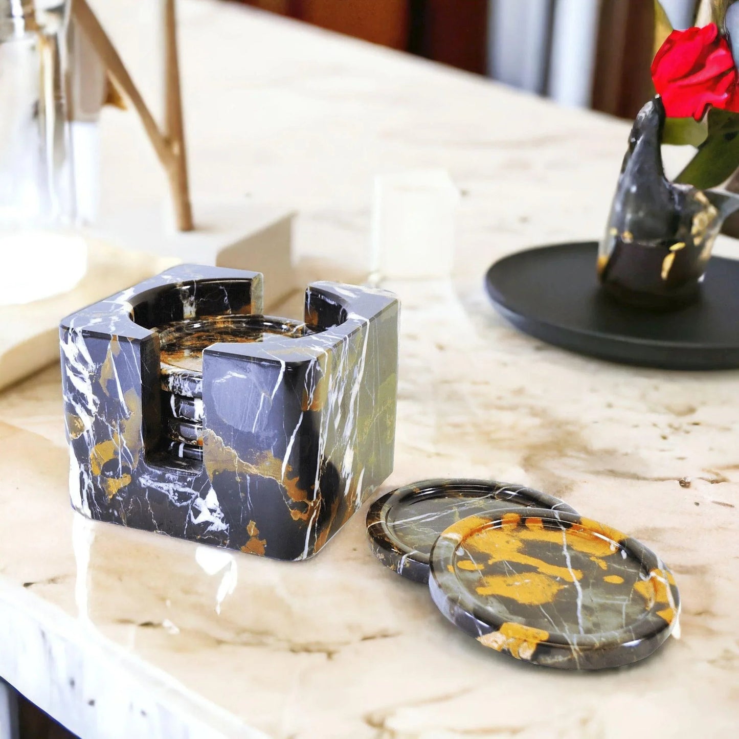 Coaster Set with Storage Holder - Michelangelo Marble - PoshaBella