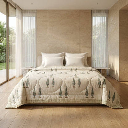 Cream & Rust Sage Floral Jaipur Indian Hand Block Print Quilted Comforter