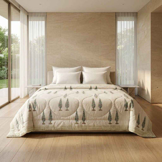 Cream & Rust Sage Floral Jaipur Indian Hand Block Print Quilted Comforter