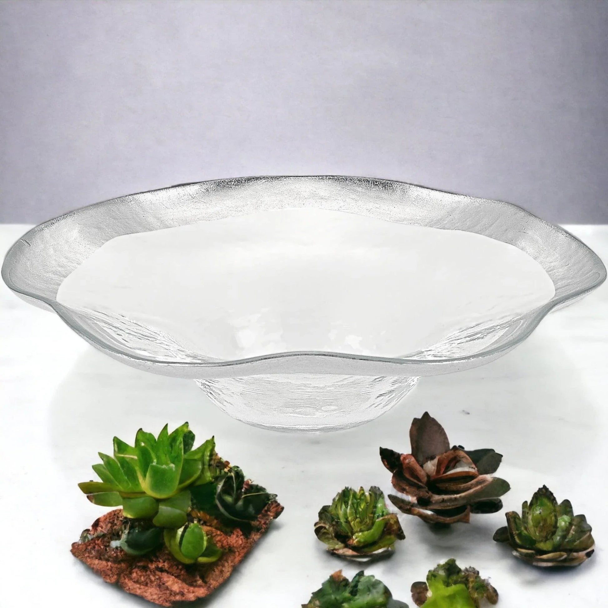 Crystal Glass Wave Bowl with Silver Leaf Pattern - PoshaBella