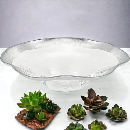 Crystal Glass Wave Bowl with Silver Leaf Pattern - PoshaBella