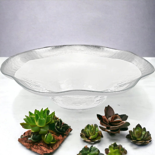 Crystal Glass Wave Bowl with Silver Leaf Pattern - PoshaBella