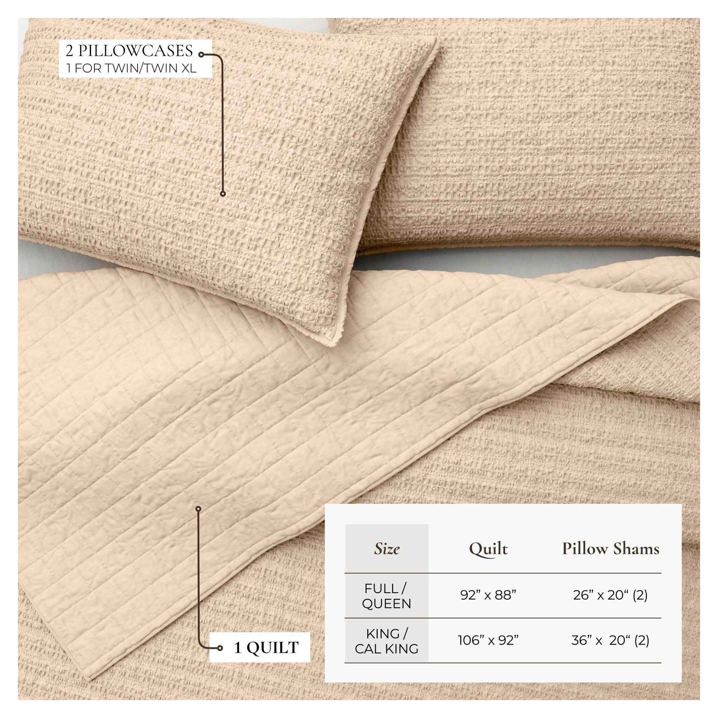 100% Cotton Honeycomb Waffle Garment Washed Quilt Set - Genevieve Collection
