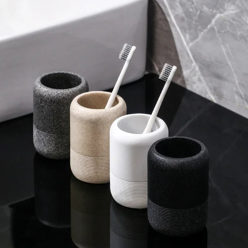 Modern Textured Bathroom Accessory Set with Tumblers and Tray