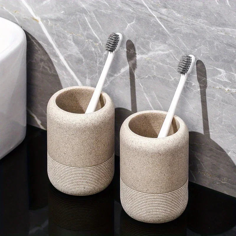 Modern Textured Bathroom Accessory Set with Tumblers and Tray