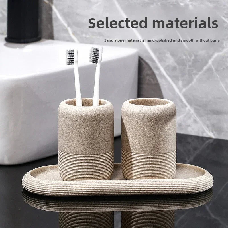 Modern Textured Bathroom Accessory Set with Tumblers and Tray