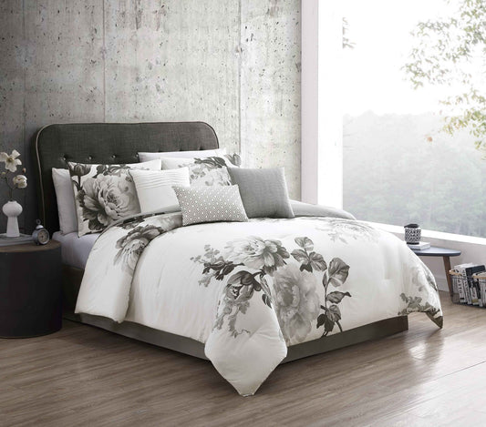 Ridgely 7 Pc Watercolor Black and White Floral Comforter Set