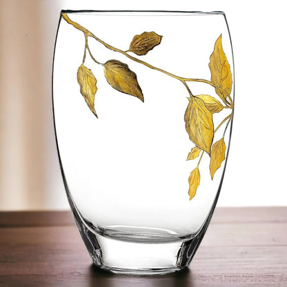 Decorative Vase | 12 inch Crystal Vase with Etched Gold Leaves Design - PoshaBella