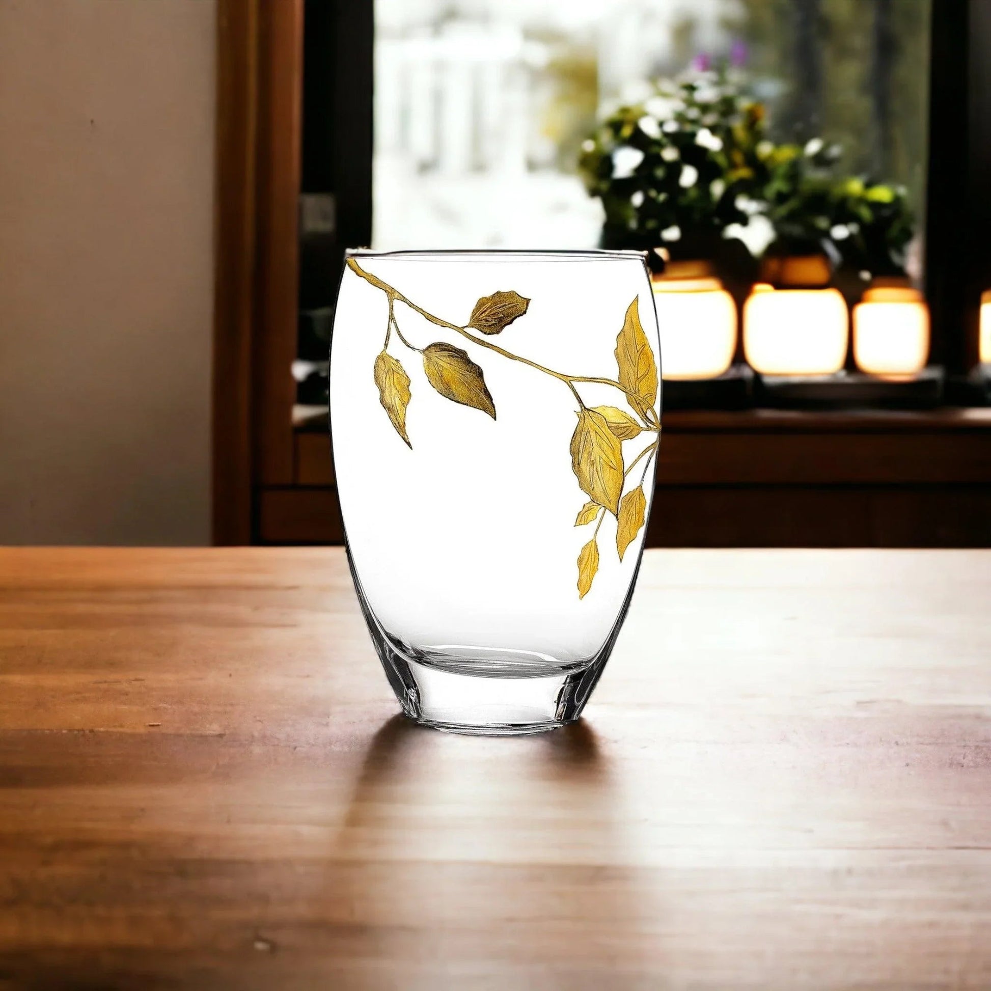 Decorative Vase | 12 inch Crystal Vase with Etched Gold Leaves Design - PoshaBella