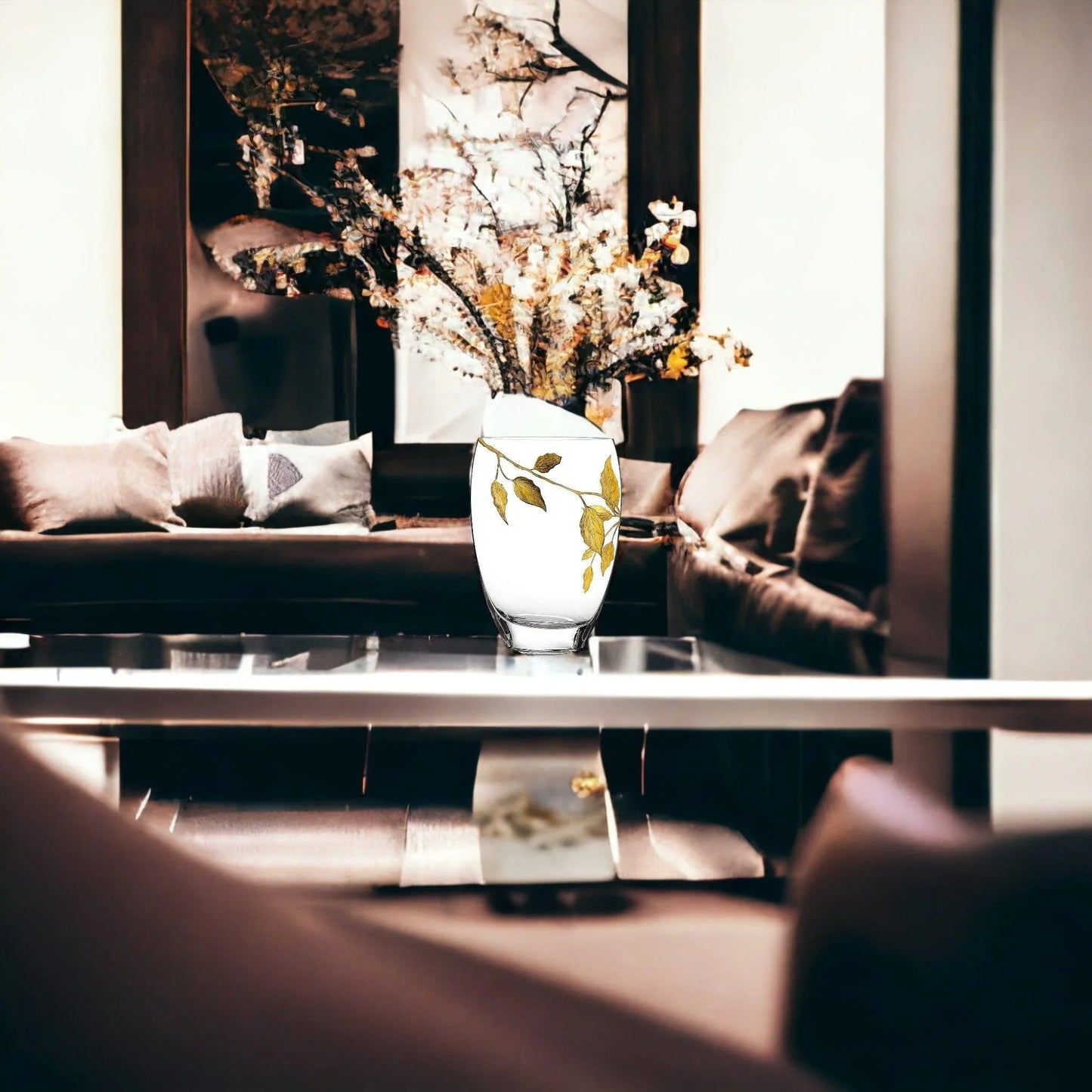 Decorative Vase | 12 inch Crystal Vase with Etched Gold Leaves Design - PoshaBella