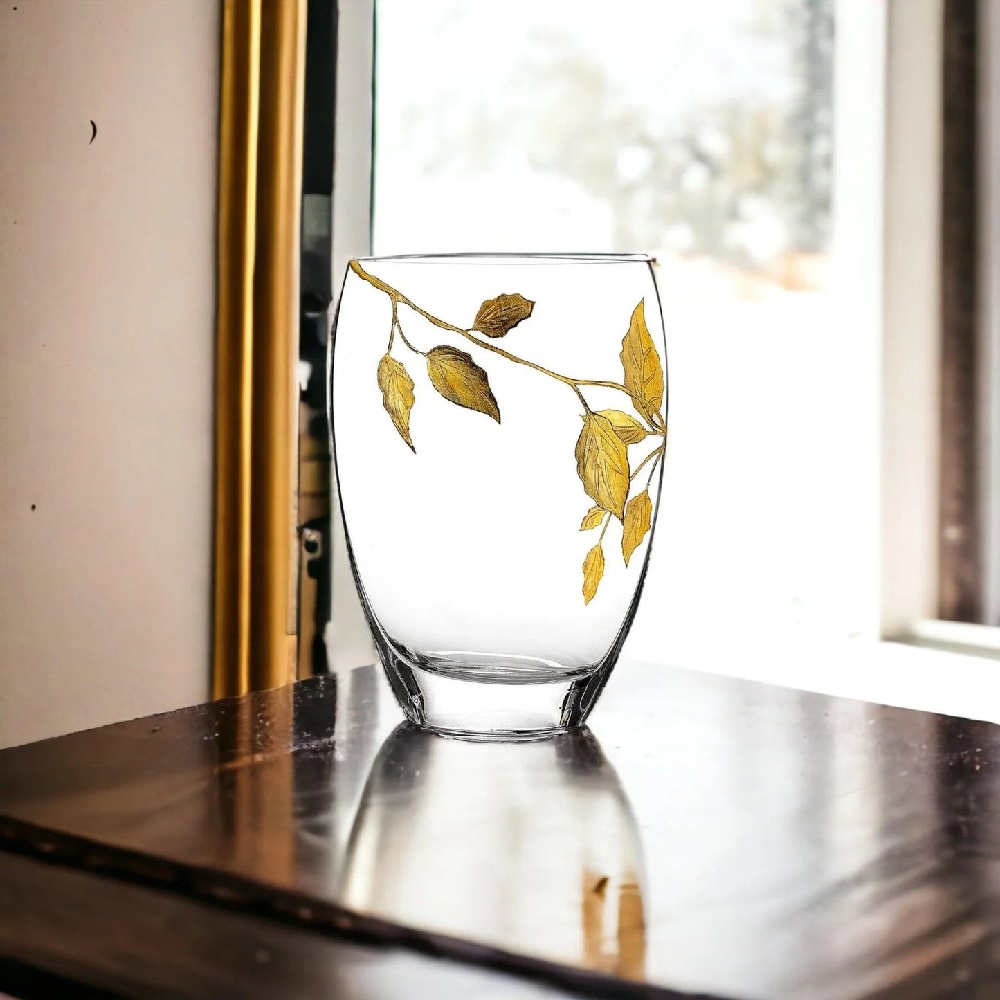 Decorative Vase | 12 inch Crystal Vase with Etched Gold Leaves Design - PoshaBella