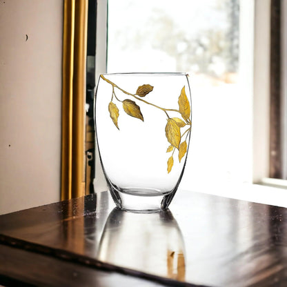 Decorative Vase | 12 inch Crystal Vase with Etched Gold Leaves Design - PoshaBella