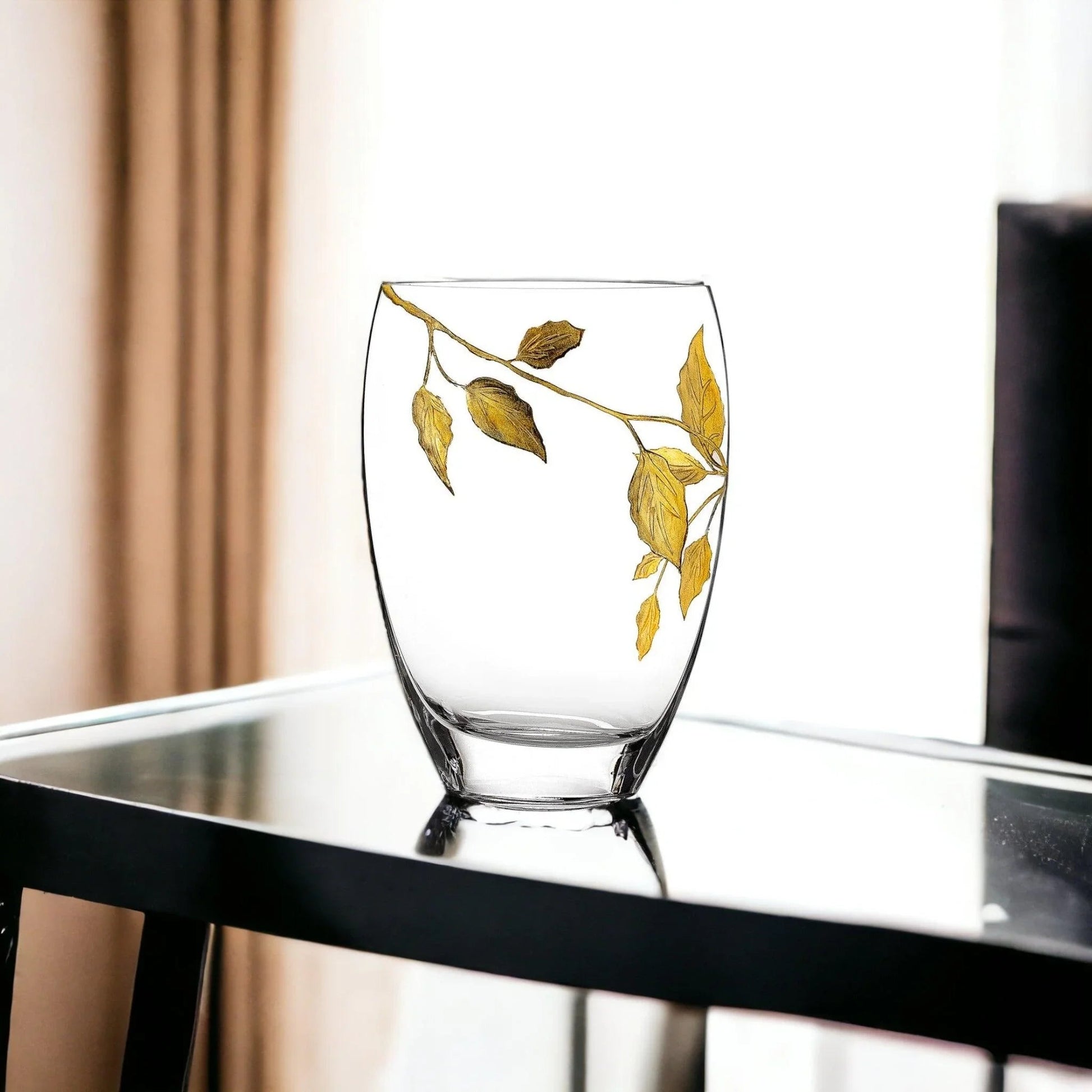 Decorative Vase | 12 inch Crystal Vase with Etched Gold Leaves Design - PoshaBella