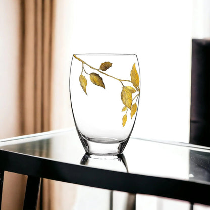 Decorative Vase | 12 inch Crystal Vase with Etched Gold Leaves Design - PoshaBella