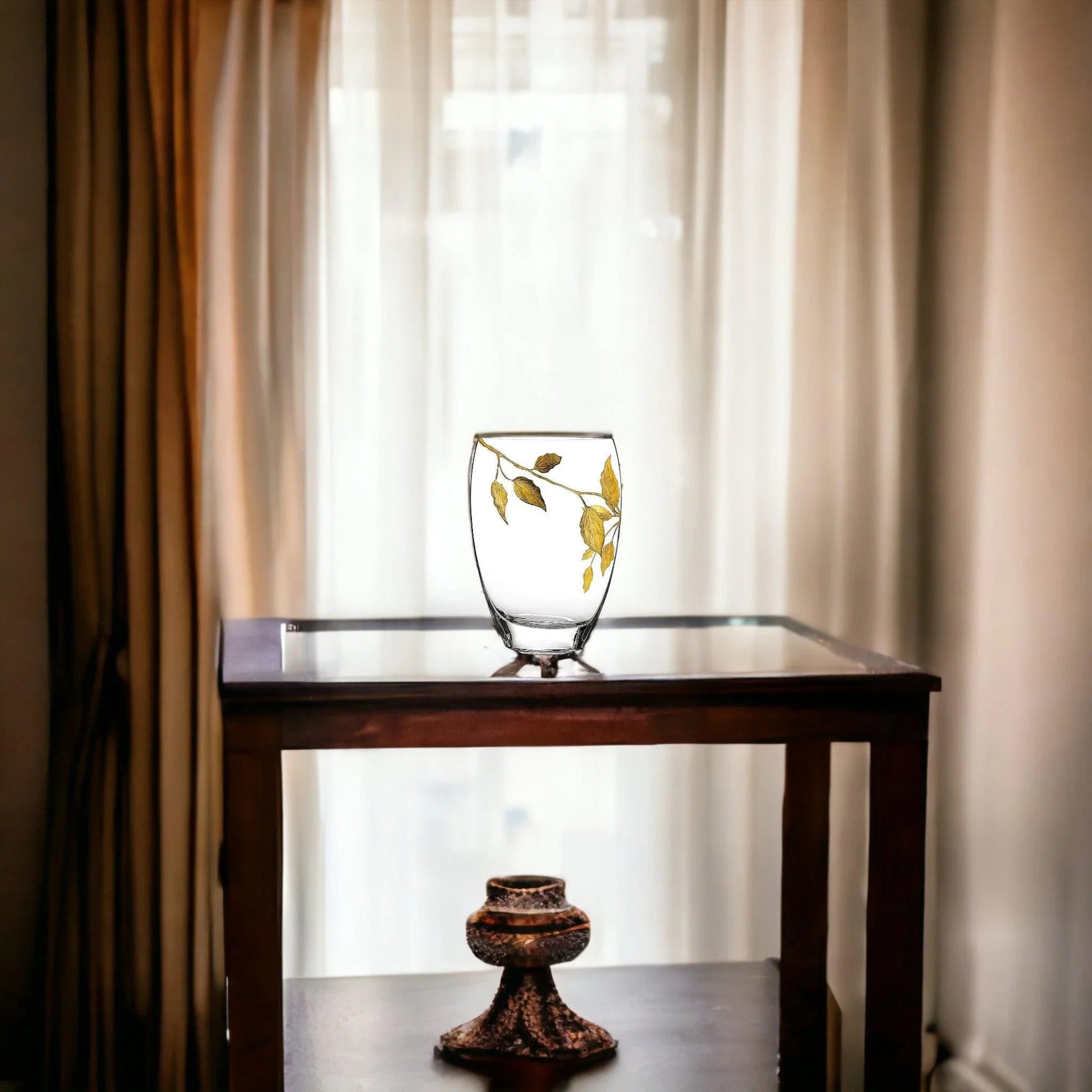 Decorative Vase | 12 inch Crystal Vase with Etched Gold Leaves Design - PoshaBella