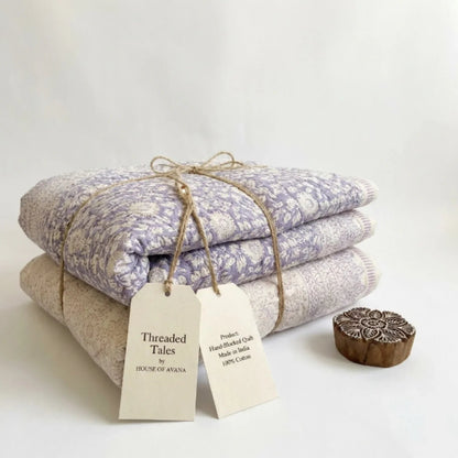 Cream & Sage Green Floral Jaipur Indian Hand Block Print Quilted Comforter