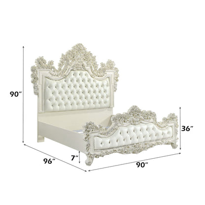 Adara - Eastern King Bed - Pearl White Synthetic Leather & Antique White