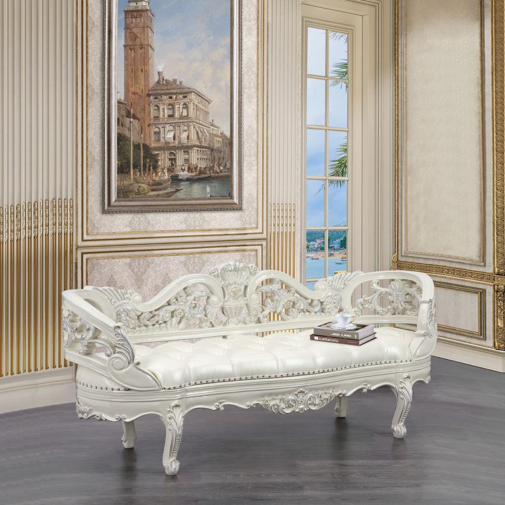 Adara - Bench - Pearl White Synthetic Leather & Antique White