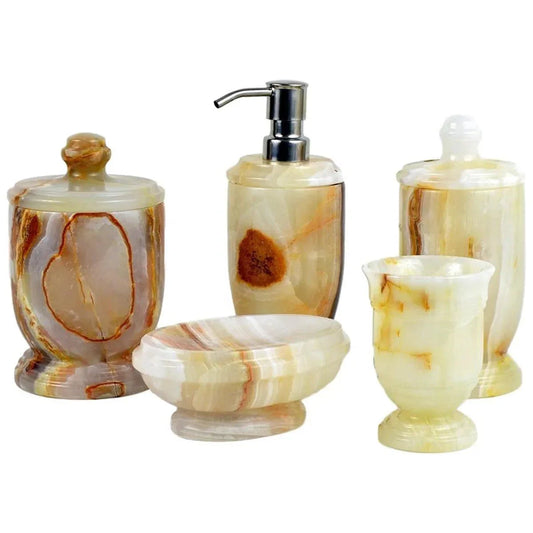 Elegant Bathroom Accessory Set - 5-Piece Set of White Onyx - PoshaBella