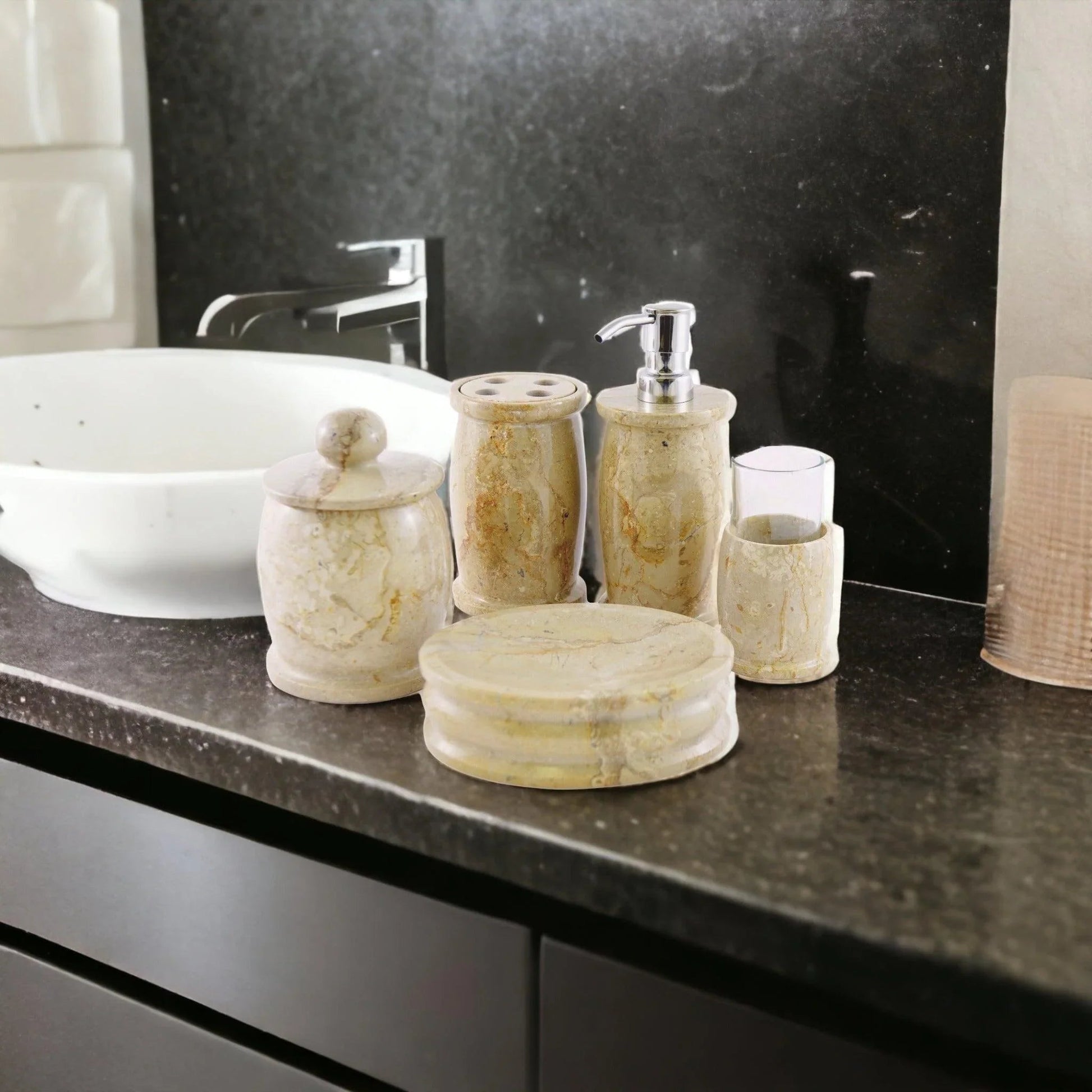 Elegant Bathroom Accessory Set of Sahara Beige Marble - Pacific Collection - PoshaBella