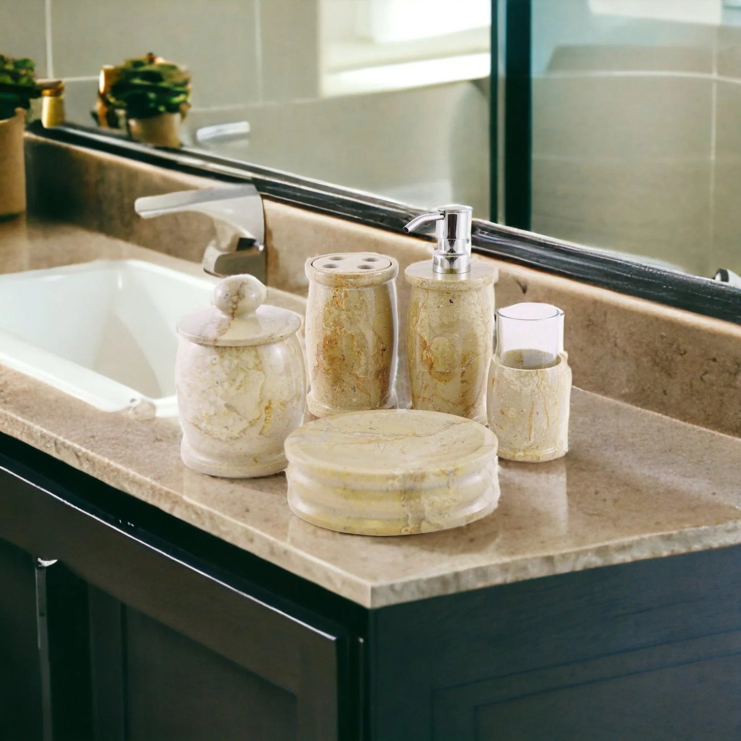 Elegant Bathroom Accessory Set of Sahara Beige Marble - Pacific Collection - PoshaBella