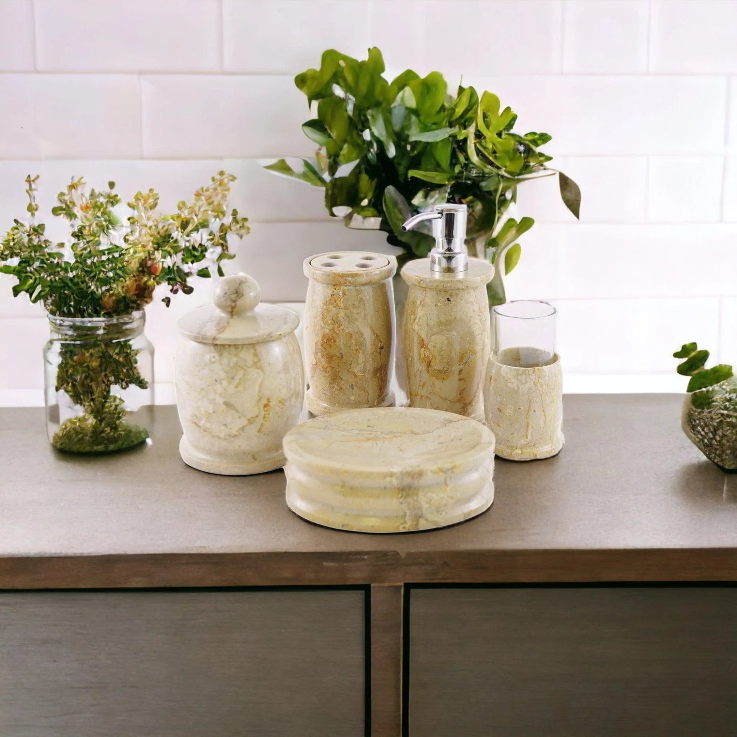 Elegant Bathroom Accessory Set of Sahara Beige Marble - Pacific Collection - PoshaBella