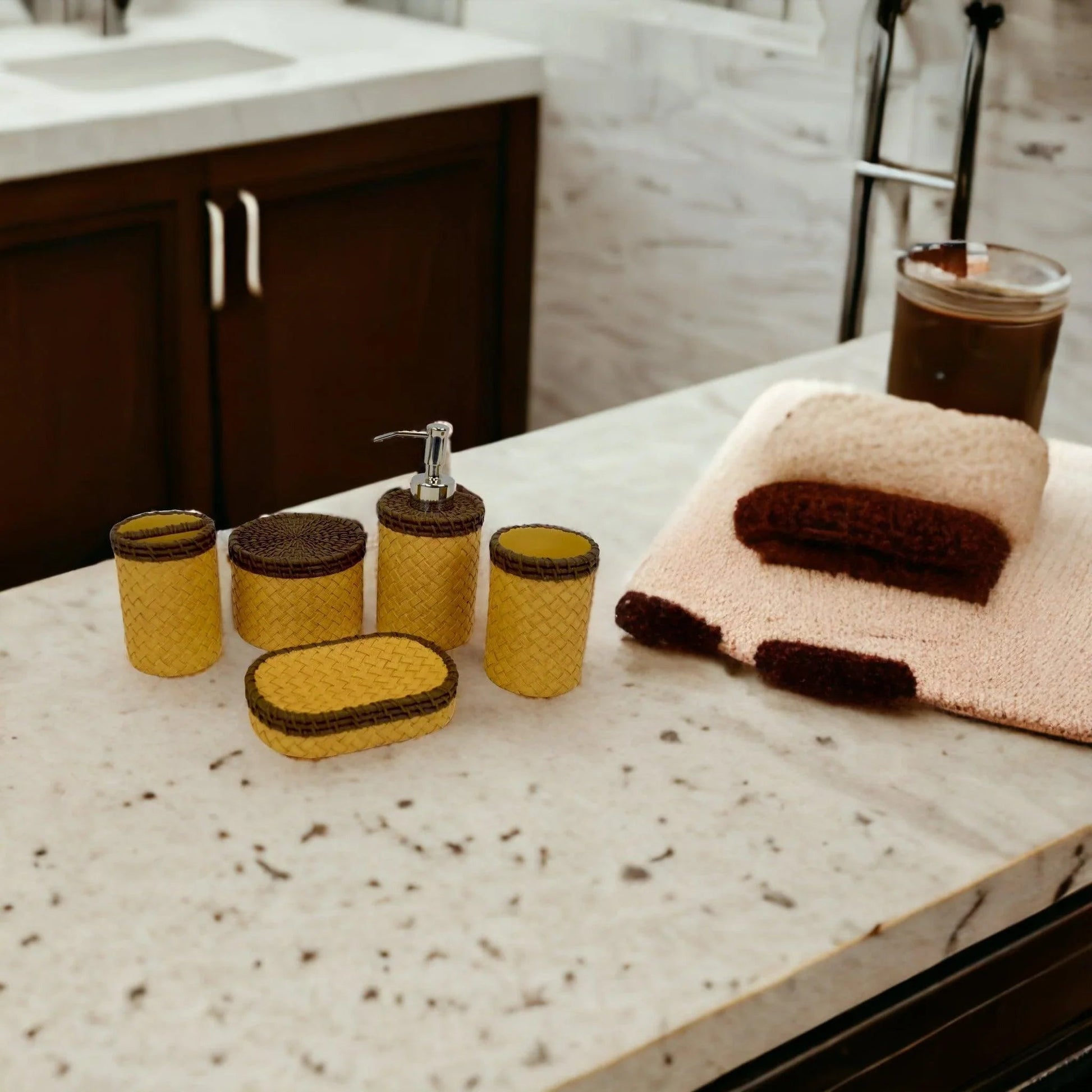 Elegant Beige Bathroom Set - Beige & Brown Basket Weave Design - PoshaBella