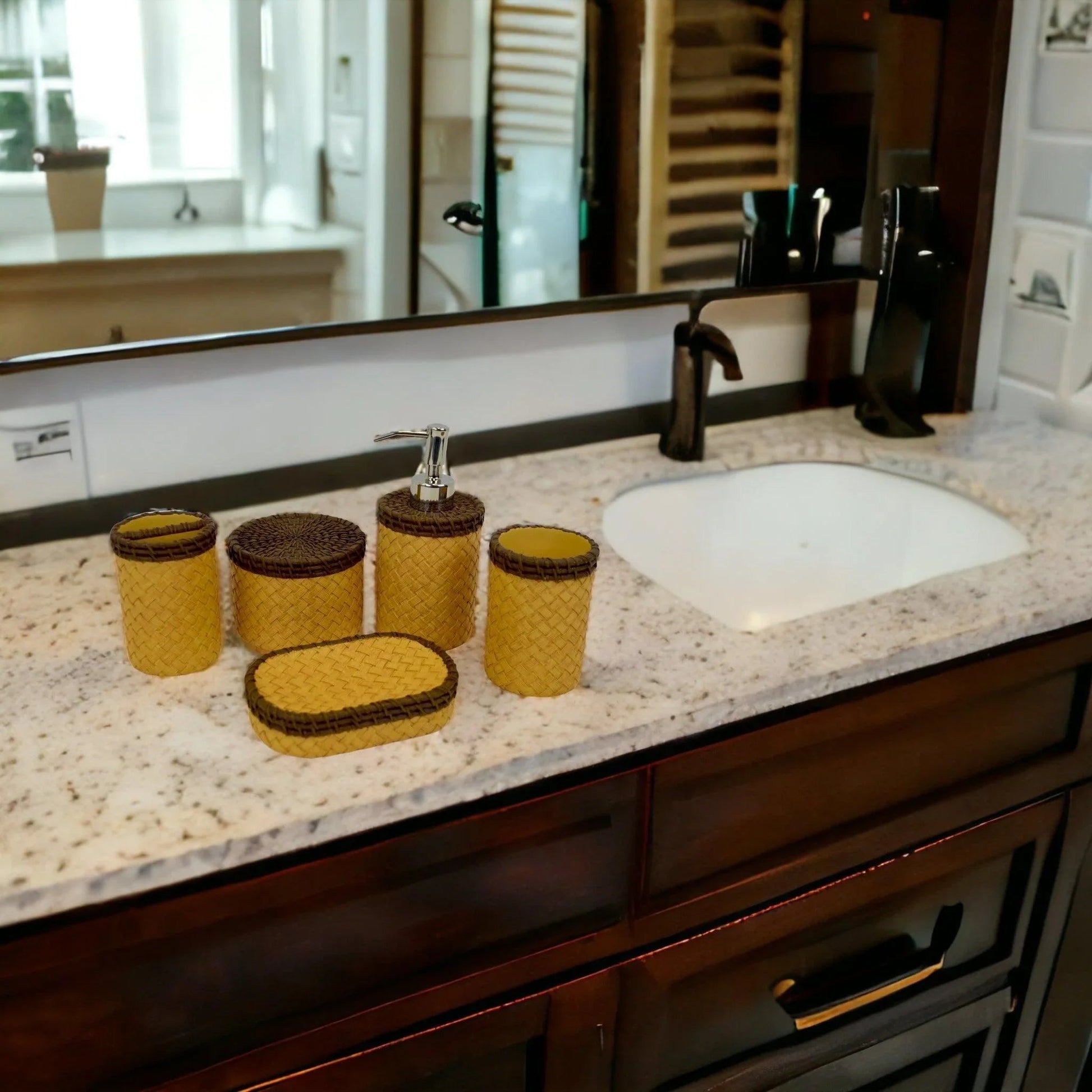 Elegant Beige Bathroom Set - Beige & Brown Basket Weave Design - PoshaBella